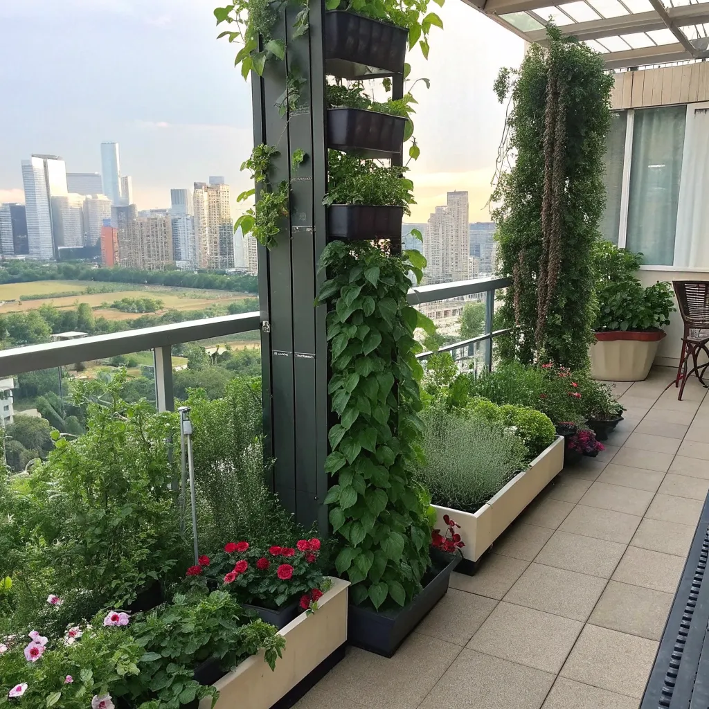 Emily's transformed urban balcony garden with vertical planters and foliage